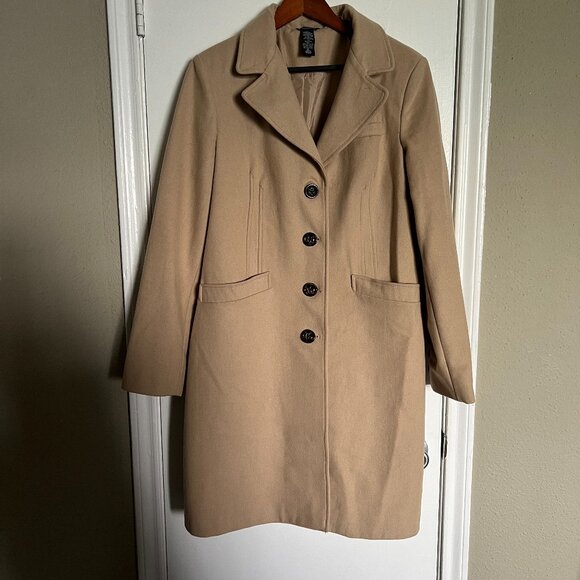 Moda International Victoria's Secret Tan Faux Fur Trim Longline Wool Peacoat XL - Picture 3 of 13